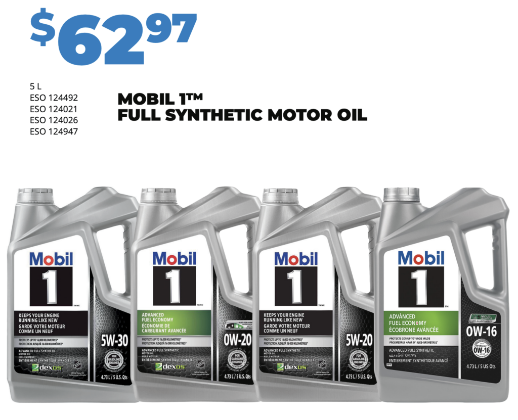 Mobil 1 Full Synthetic Motor Oil on sale for $62.97 at D&T Auto in Leamington, Ontario.