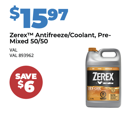 Zerex Antifreeze/Coolant, Premixed 50/50 on sale for $15.97 at D&T Auto in Leamington, Ontario